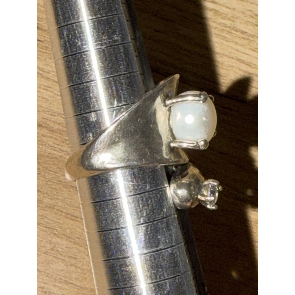 925 Sterling Silver Nested Freshwater Cz‎ Pearl Ring Sz 7 Adjustable
